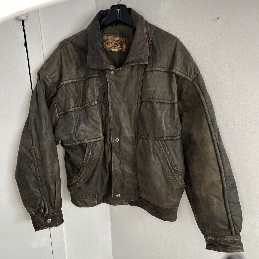 Midway Vintage Distressed Leather Bomber Jacket Military Green Moto Style